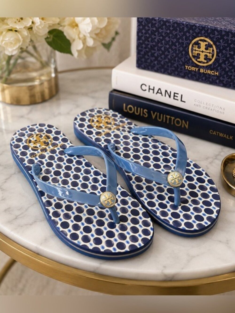 Tory Burch Blue Polka Dot Logo Flip Flops Thong Sandals Women’s Size 9